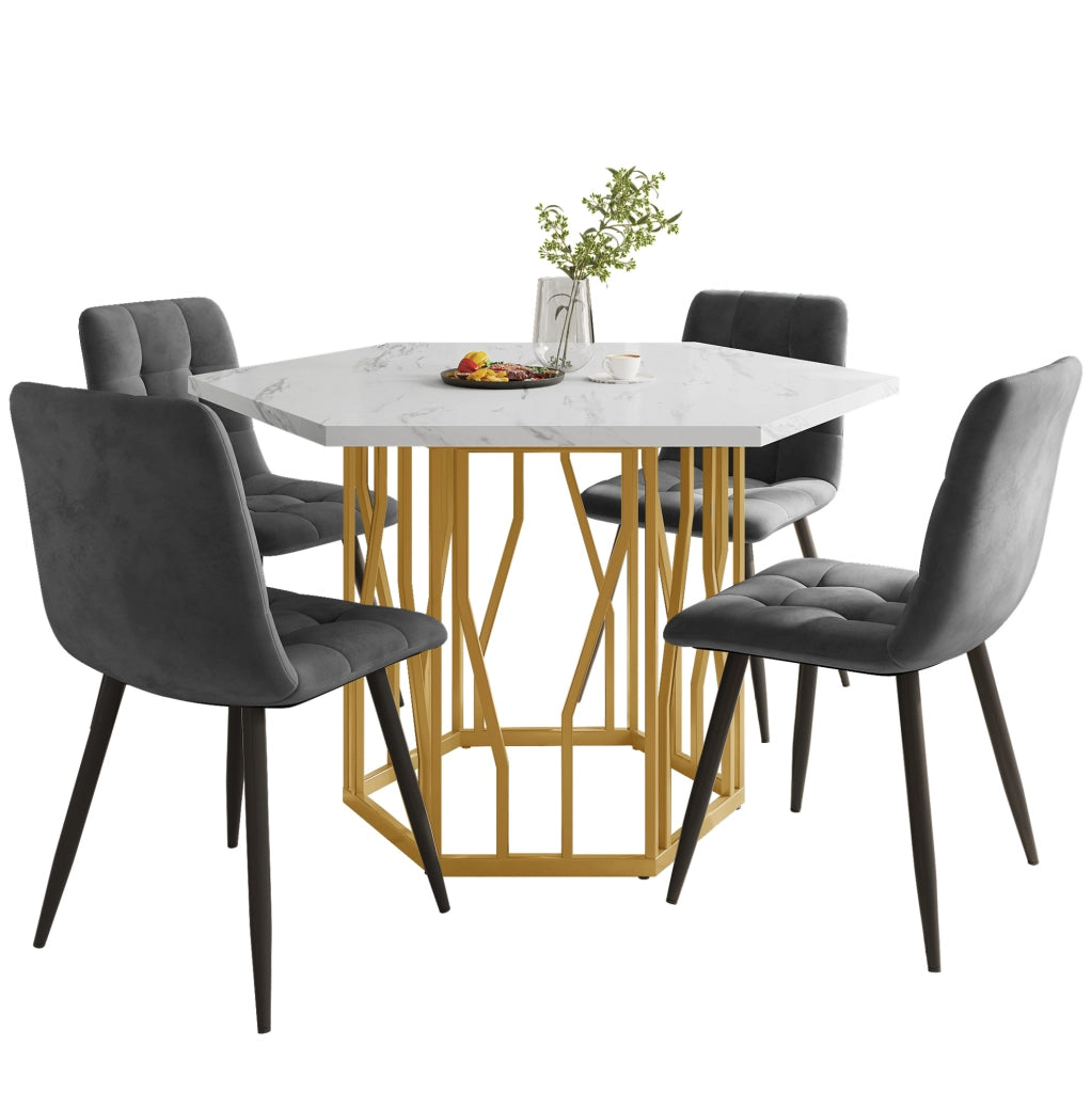Tavolo da pranzo esagonale con piano effetto marmo in MDF e metallo; dorato e grigio