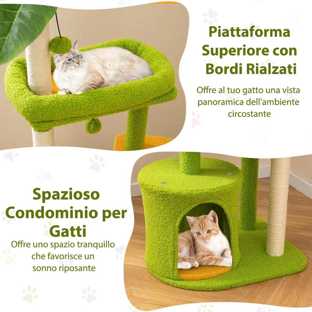 Albero per Gatti, Tiragraffi per Gattini a Tema Foresta con Foglie Artificiali, Condominio, Postazione Imbottita, Pali per Graffiare in Sisal e Pompom, Albero Tiragraffi per Gatti da Interno