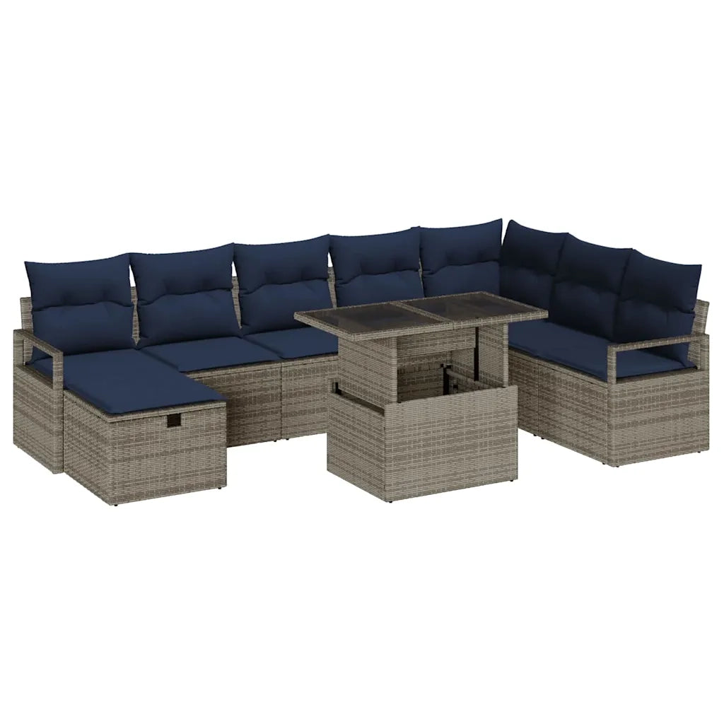 Set Divano da Giardino con cuscino 9 pcs Grigio Poly Rattan