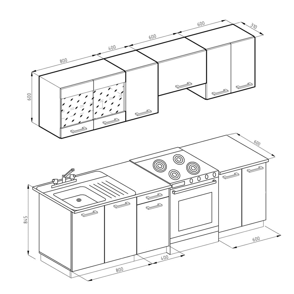 Vicco Mobile da cucina Quercia dorata/antracite 240 cm , PL Fantasia nera con striscia LED