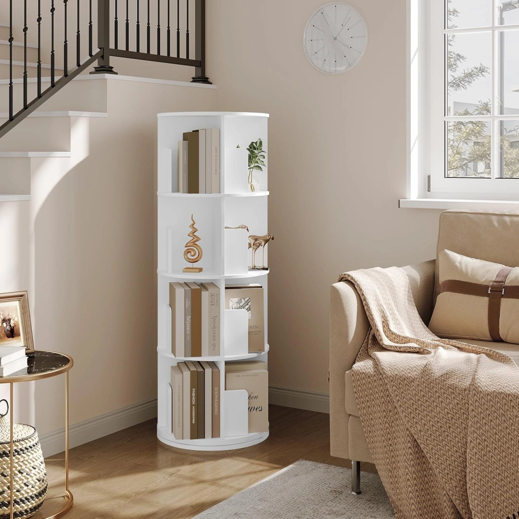 Libreria Rotante, Libreria Angolare a 4 Livelli 16 Scomparti, Scaffale Autoportante per Soggiorno, Camera da letto, Ufficio, Studio, in Legno, Bianco