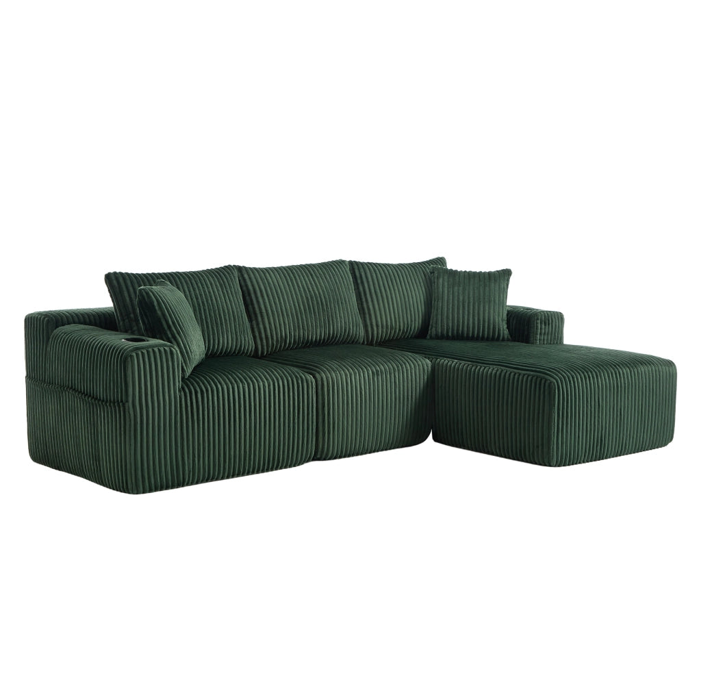 Divano modulare in velluto a coste verde smeraldo con chaise longue