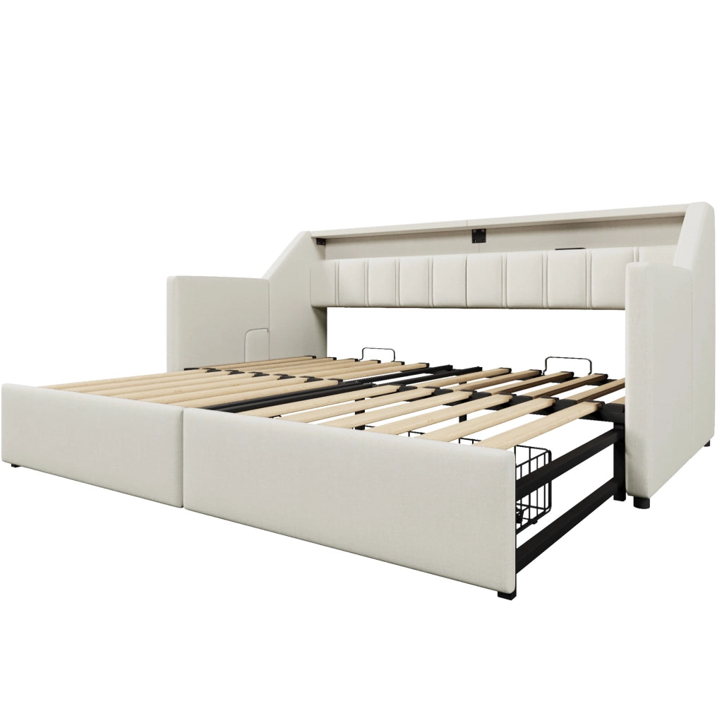Letto da giorno beige 90x200 cm con estraibile 180x200, USB-C, LED e cassetti