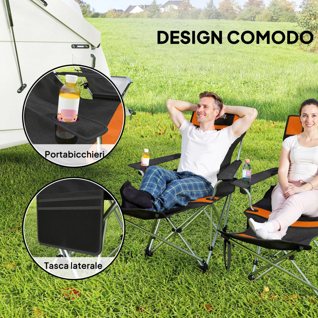 Set 2 Sedie da Campeggio Pieghevoli con Poggiapiedi e Portabicchieri, 82x50/100x88 cm, Nero e Arancione