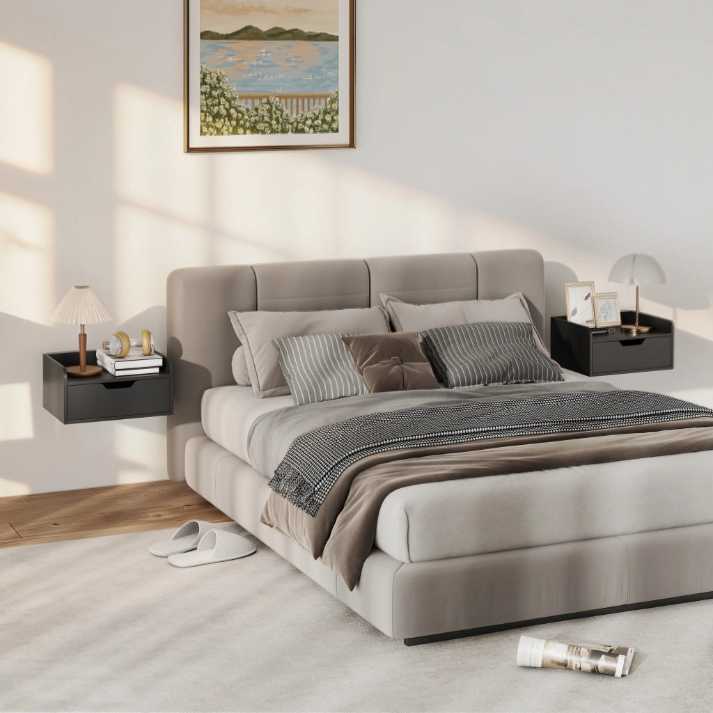 Set di 2 Tavolini da Notte a Parete con Cassetto per Camera da Letto ¨C zephmum ¨C 40x30x19,5 cm Nero