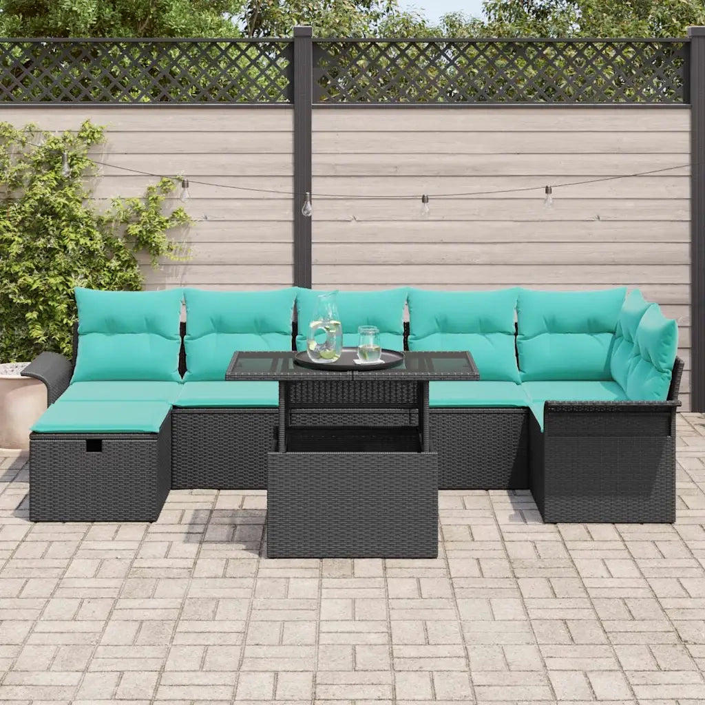 Set Divano da Giardino con cuscino 8 pcs Nero Poly Rattan
