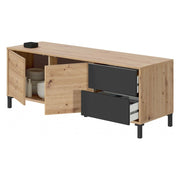 Credenza Anora, Madia moderna a 2 ante, Buffet da soggiorno, Mobile porta TV, Madia con piedini per salotto, cm 130x41h47, Rovere nodi e Antracite