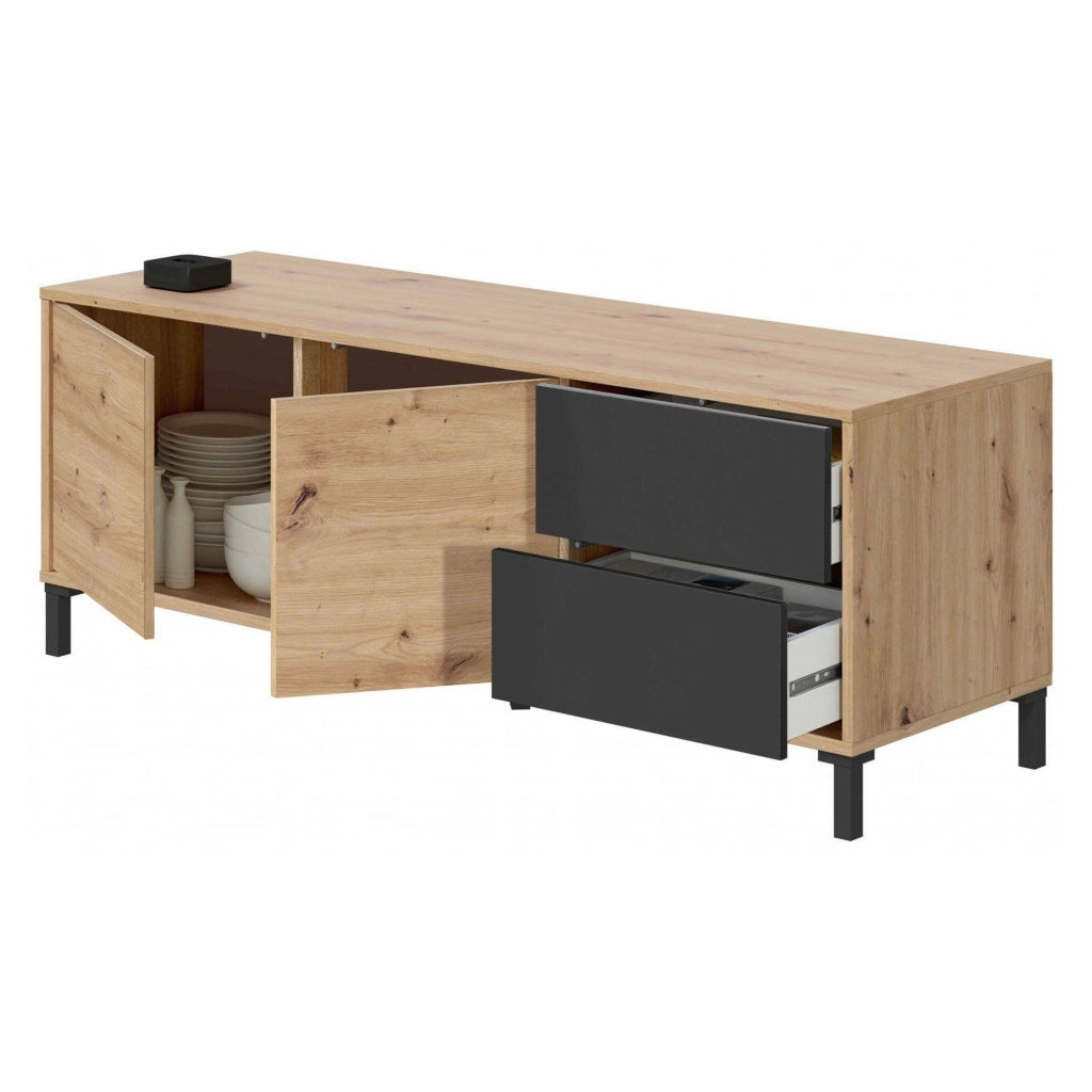 Credenza Anora, Madia moderna a 2 ante, Buffet da soggiorno, Mobile porta TV, Madia con piedini per salotto, cm 130x41h47, Rovere nodi e Antracite