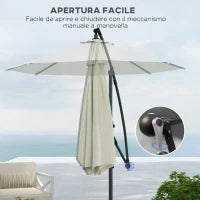 Ombrellone a Braccio a 8 Stecche con Base a Croce, in Alluminio, Metallo e Poliestere, Ø3x2.6 m, Crema