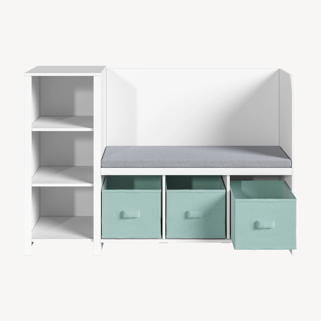Scaffale per Cameretta Høylandet con Panca Scomparti e Scatole 76 x 112 x 40 cm - Bianco / Verde Menta [en.casa]