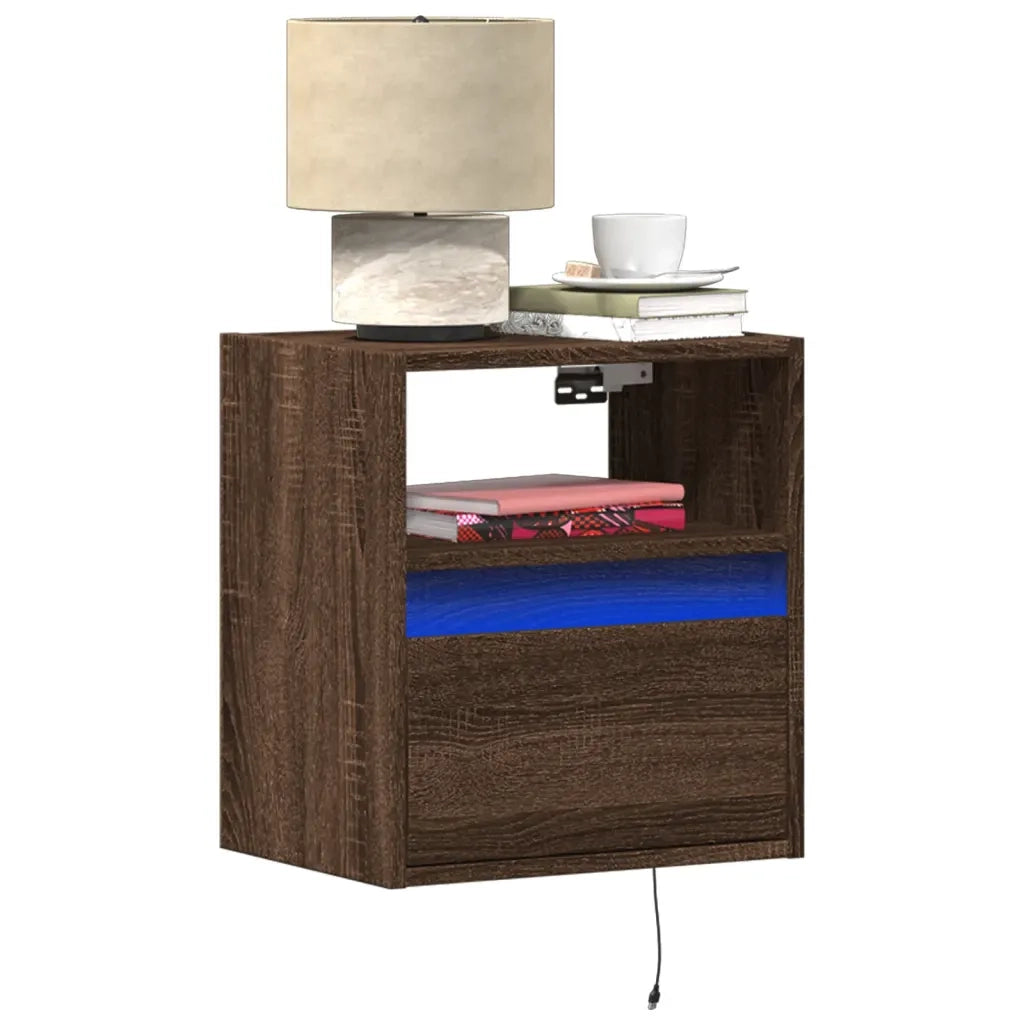 Comodino a Parete con Luci LED-Tavolino da notte sospeso Rovere Marrone 282030