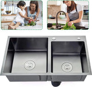 Lavandino da cucina con 2 vaschette in acciaio inossidabile - 2 lavello con dispensatore di sapone 300ml - scarico e sifone - 78 x 43
