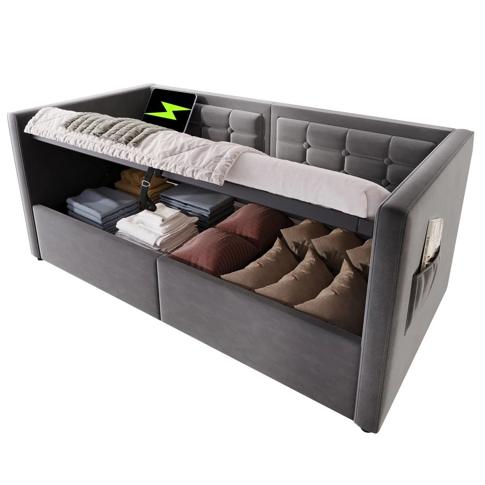 Letto Singolo Imbottito con Contenitore Idraulico ¨C MINIMAL ¨C Grigio, Velluto, 90x200
