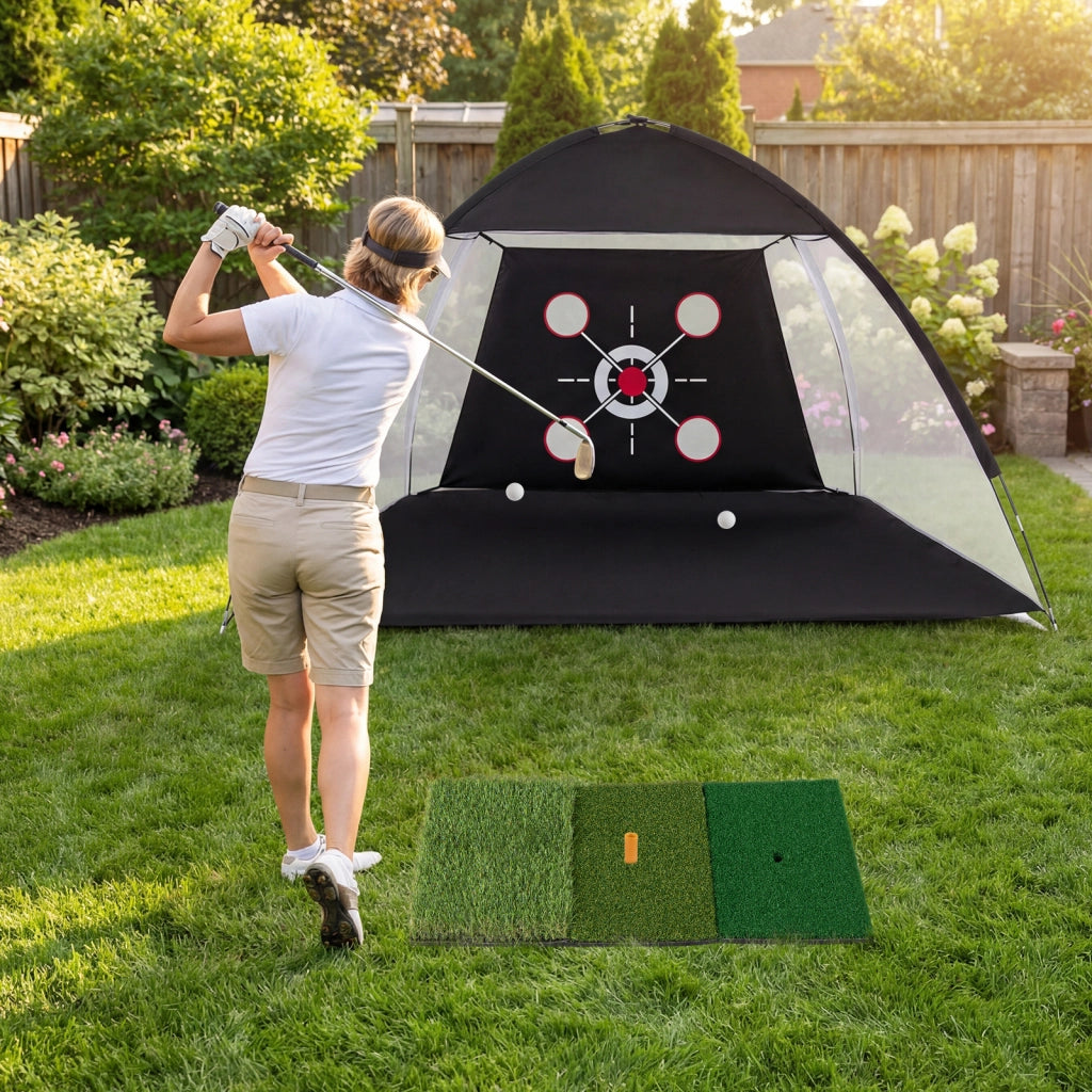 Rete da golf da allenamento con bersaglio 5 palline 3 tee tappetino pieghevole tri-turf 4 picchetti, Rete pratica da golf