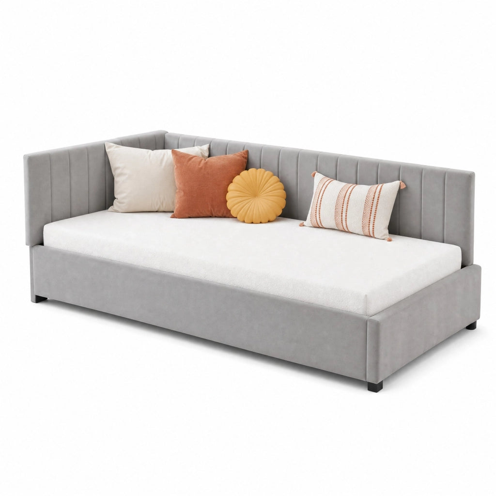 Letto imbottito 90x200 cm con rete a doghe; in velluto grigio