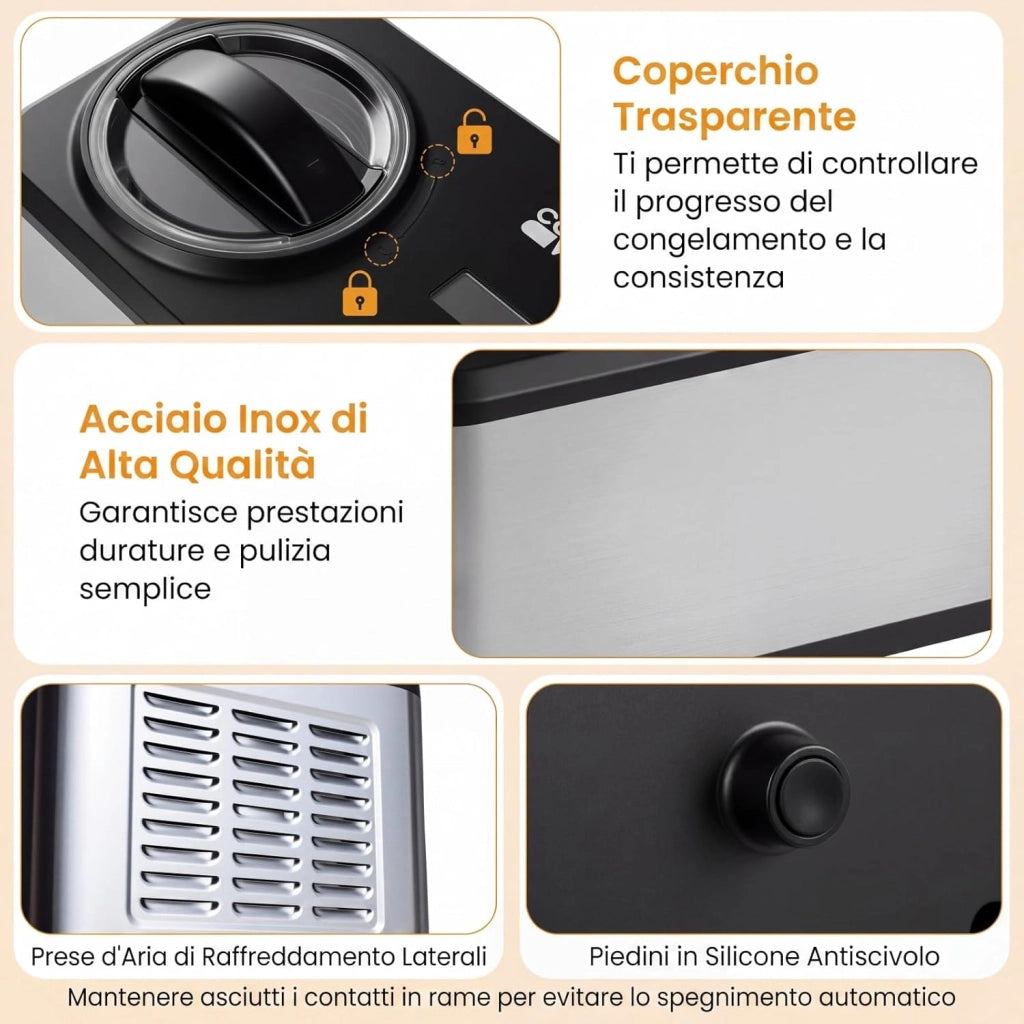 Gelatiera con Compressore 1,5 L, Macchina del Gelato con 4 Modalità, Display LED, Timer 24 Ore e Ciotola Rimovibile, Gelatiera Autorefrigerante in Acciaio Inox per Gelato, Yogurt e Sorbetto