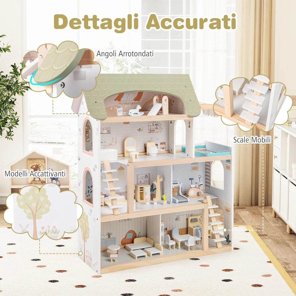 Casa delle Bambole in Legno, Casa Bambole con 4 Piani, 6 Stanze, Terrazza, Piscina e Scale, Casetta Giocattolo Educativo con 33 Mobili Accessori, per Bambini 3+ Anni, 63 x 25 x 78 cm (Verde)