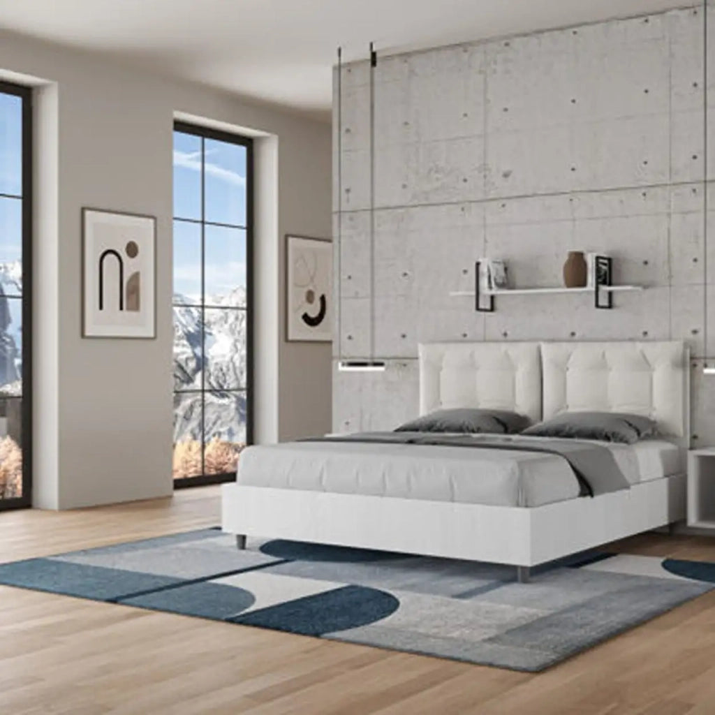 Letto matrimoniale contenitore 160x200 bianco frassino cuscini similpelle bianco Egos Annalisa