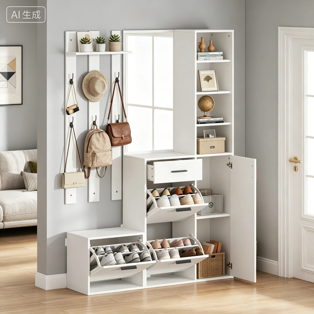 Mobile ingresso con 3 vani scarpe; 1 cassetto; specchio e 6 ganci - per ingresso - 120x30x178 cm - bianco
