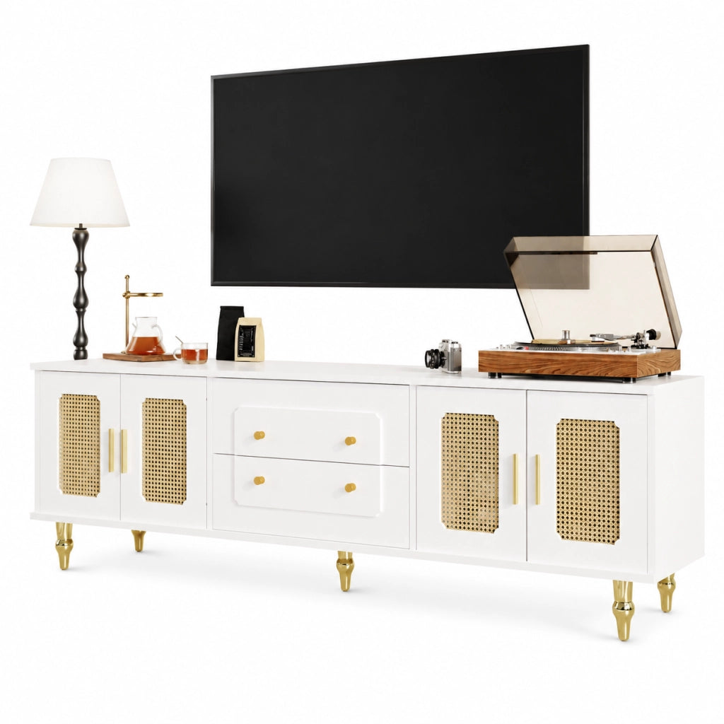 Mobile TV 175x38x55.5 cm; ante in PVC effetto rattan e cassetti push-to-open; truciolare bianco