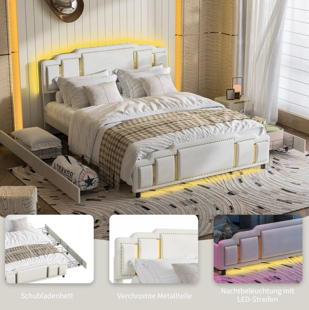 Letto imbottito 140x200 beige con LED e 4 cassetti