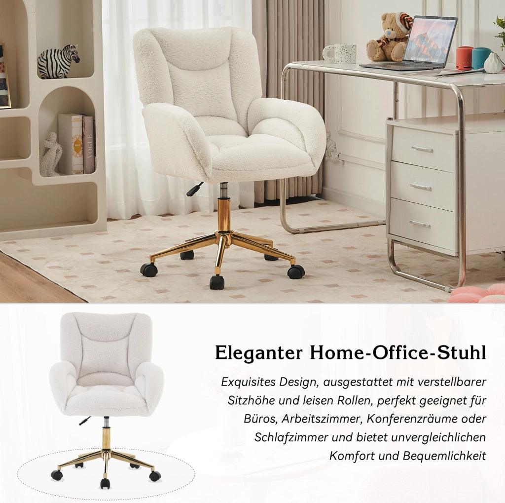 Sedia da ufficio regolabile in altezza in tessuto Teddy bianco con base dorata