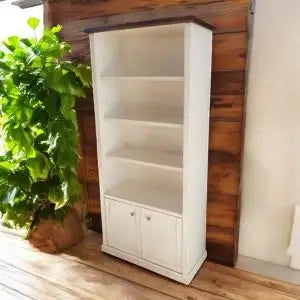 Libreria in legno Shabby chic bianco anticato e noce scuro 2 porte 4 vani a giorno