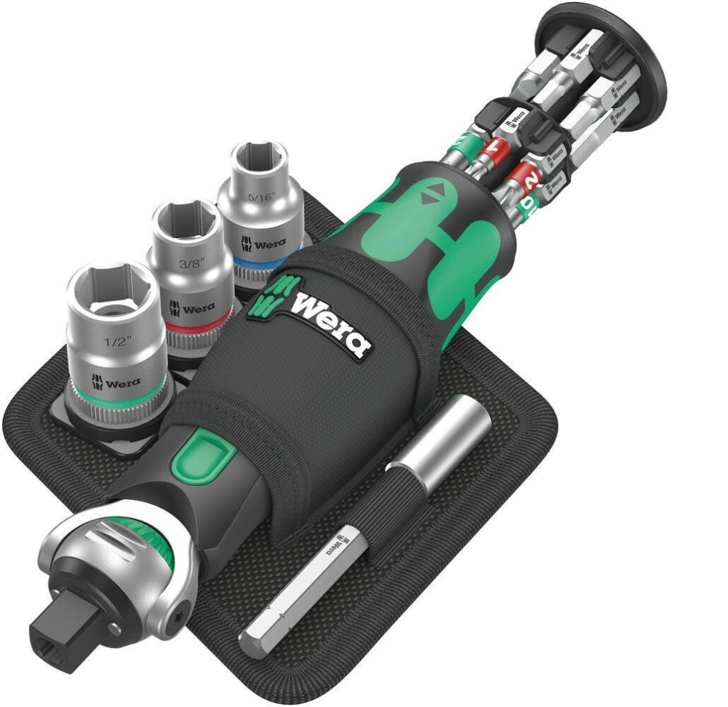 Wera 8009 ZYKLOP POCKET SET IMPERIAL 2 Set di chiavi a cricchetto con portabit integrato 18 pezzi testa ribaltabile 5 posizioni 72 denti angolo di ritorno 5° colore Nero Verde
