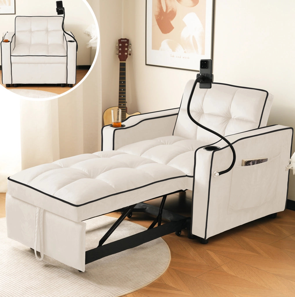 Divano letto singolo 3 in 1 estraibile con portabicchieri e porta telefono; beige 83x167x76 cm