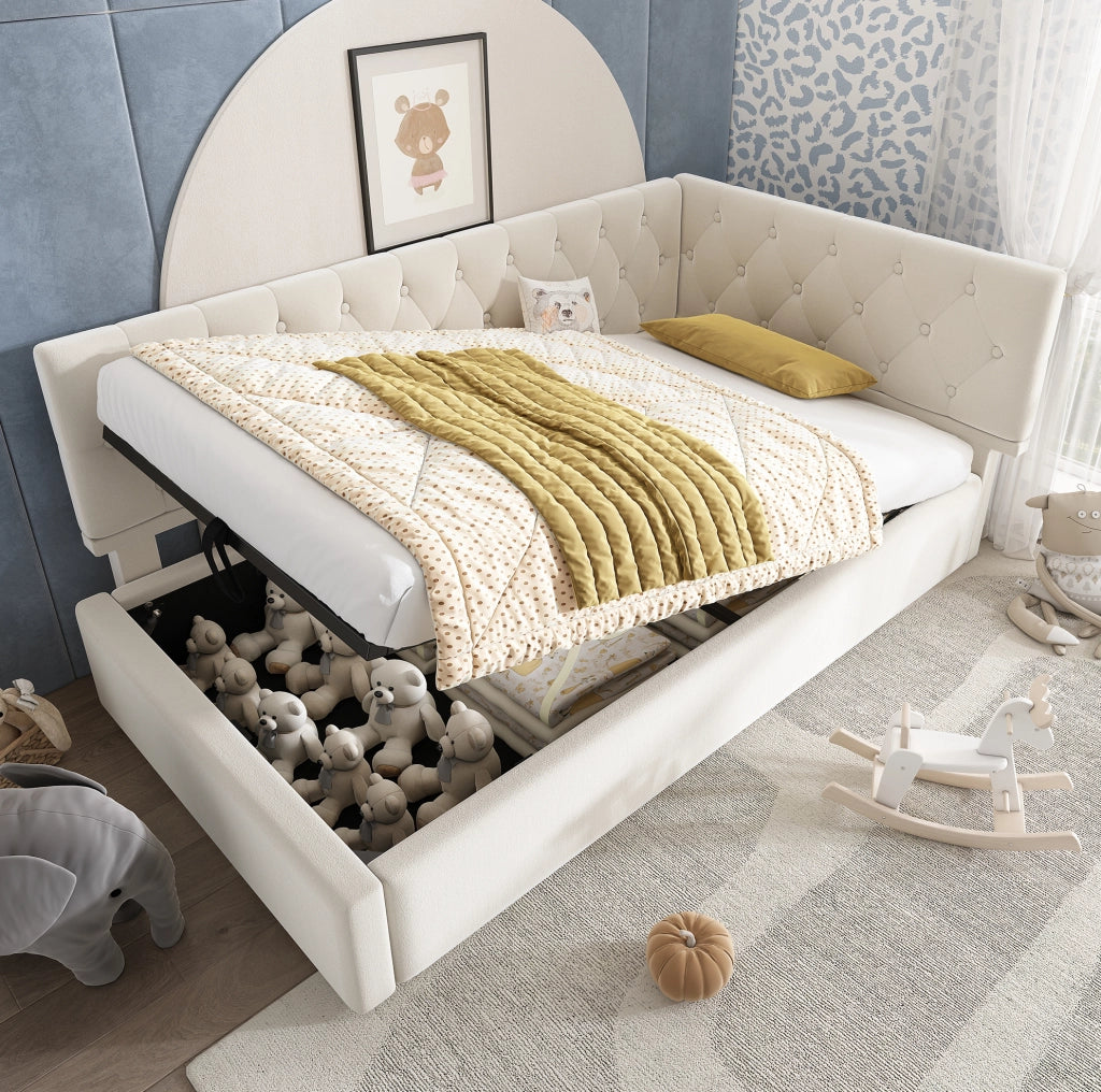 Letto singolo a L con contenitore idraulico 90x190 cm in velluto beige