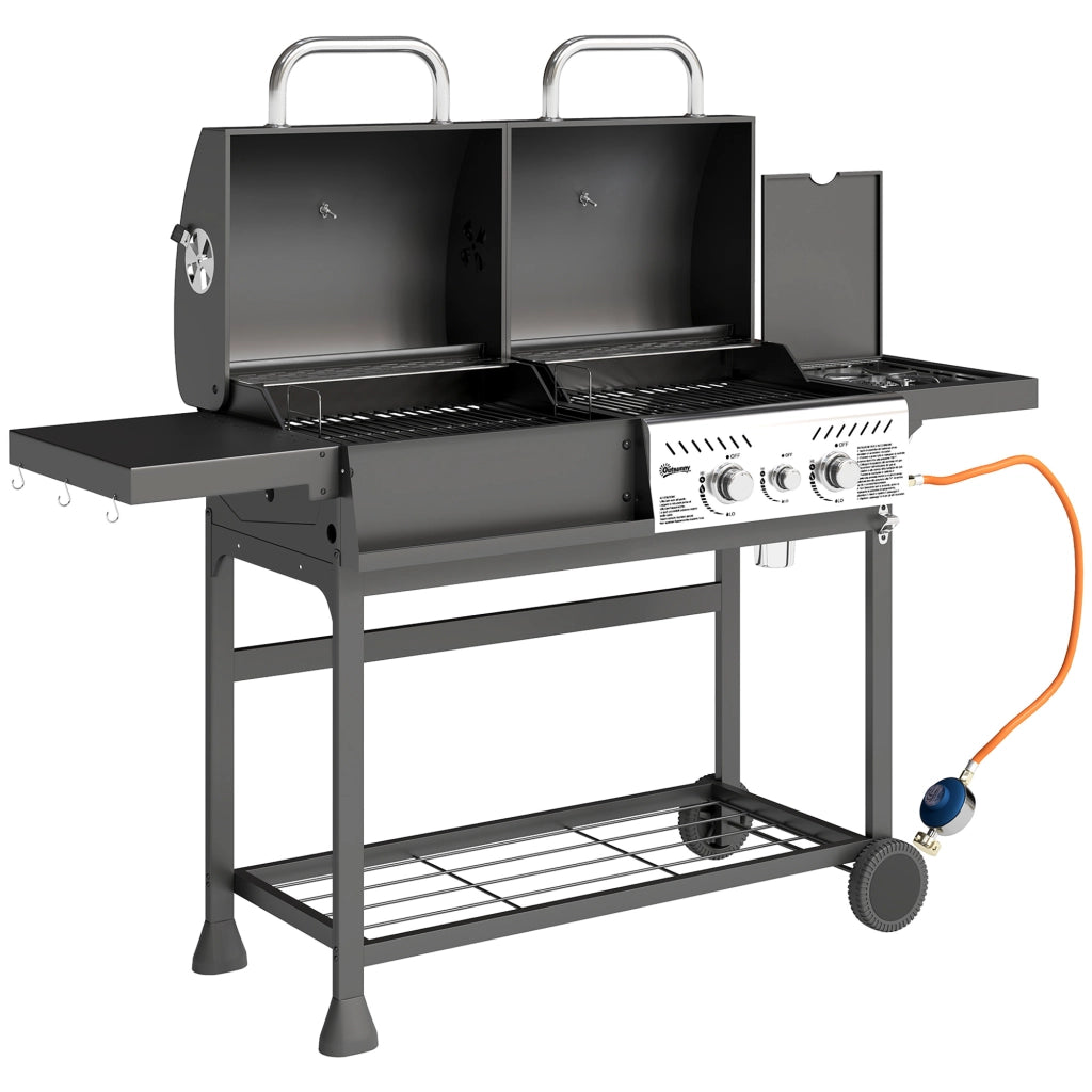 Barbecue a Carbone e Gas con 3 Bruciatori e Coperchio Termometro e Ruote Nero