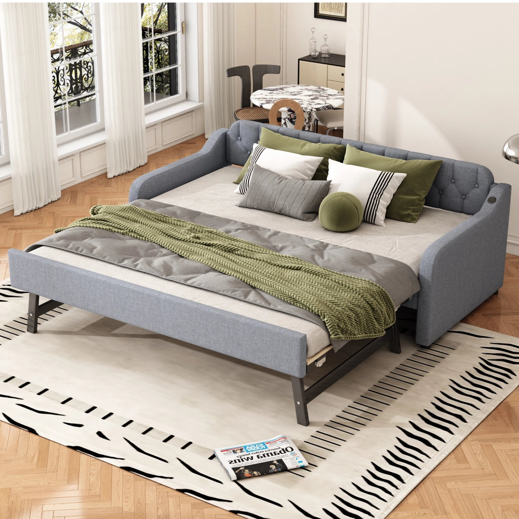 OKWISH Letto Divano 90×200 cm, Letto Singolo con Letto estraibile, USB e Presa, senza Materasso, in Lino, Grigio