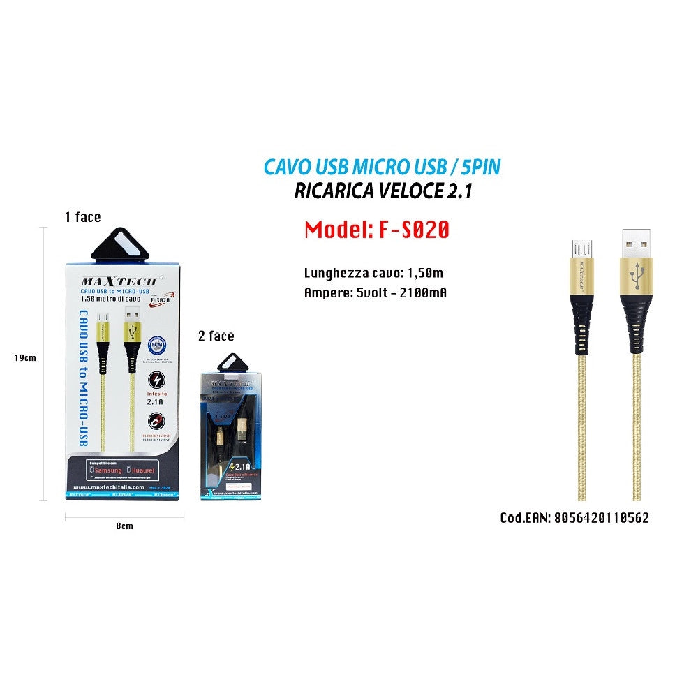 Trade Shop - Cavo Micro Usb 1.5mt Dati Caricabatteria Usb Per Samsung Huawei Maxtech F-s020 -