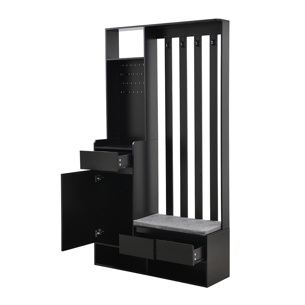 Portaabiti con panca imbottita - Xylo - H180/L100/P35 cm - Nero - Multifunzionale con porta scarpe e lavagna