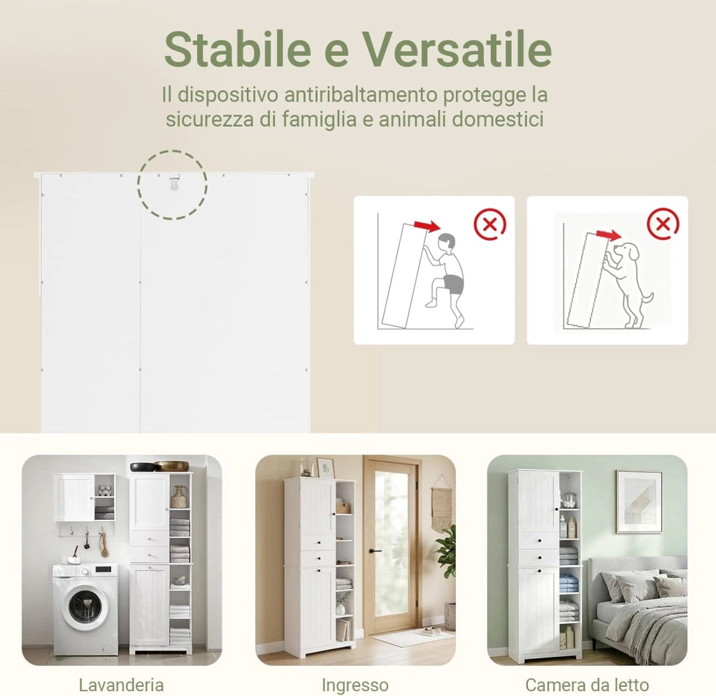 Mobile Bagno con Cesto per Linge Mobile Rangemento Alto Armadio Bagno con 6 Ripiani e 2 Cassetti Mobiletto Salvaspazio Bianco 60x37x171 cm BZR104-W