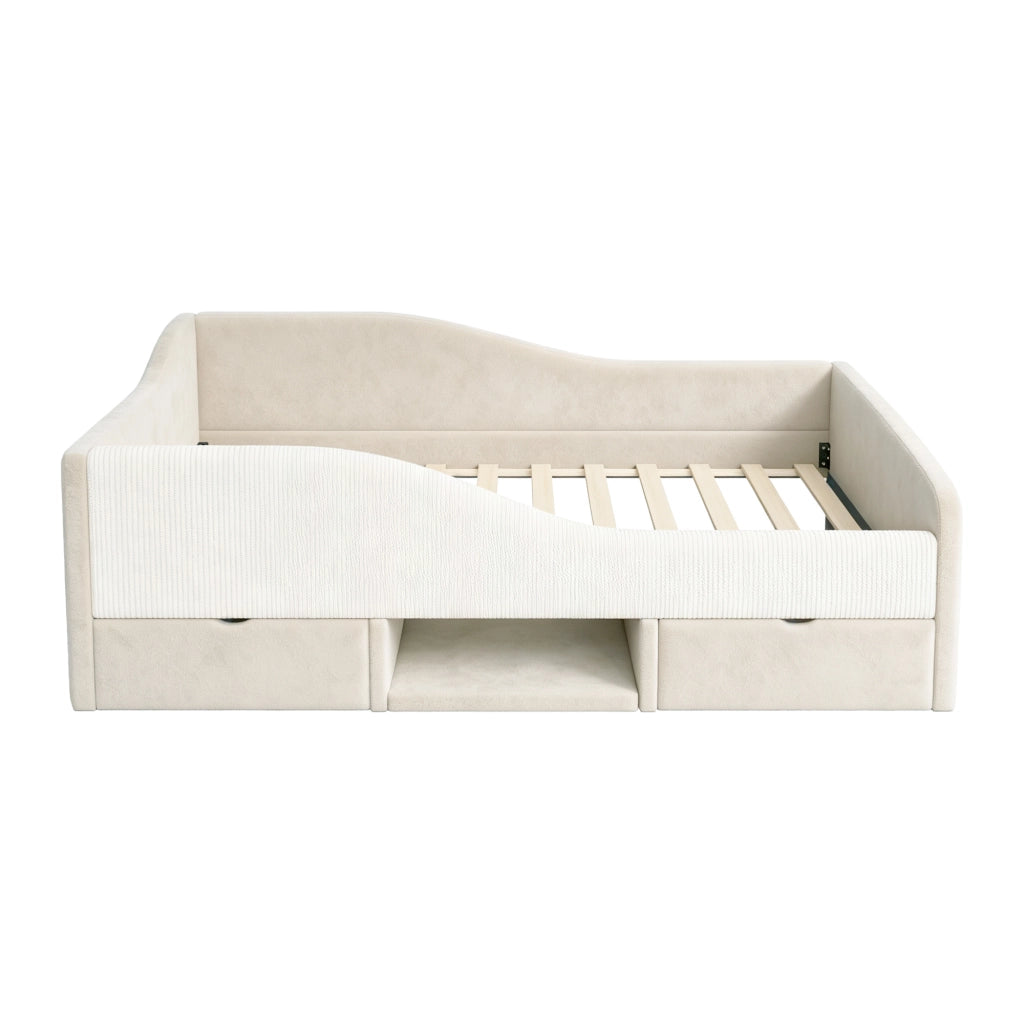 Letto imbottito per bambini con 2 cassetti e recinzioni, 90x190 cm, velluto beige