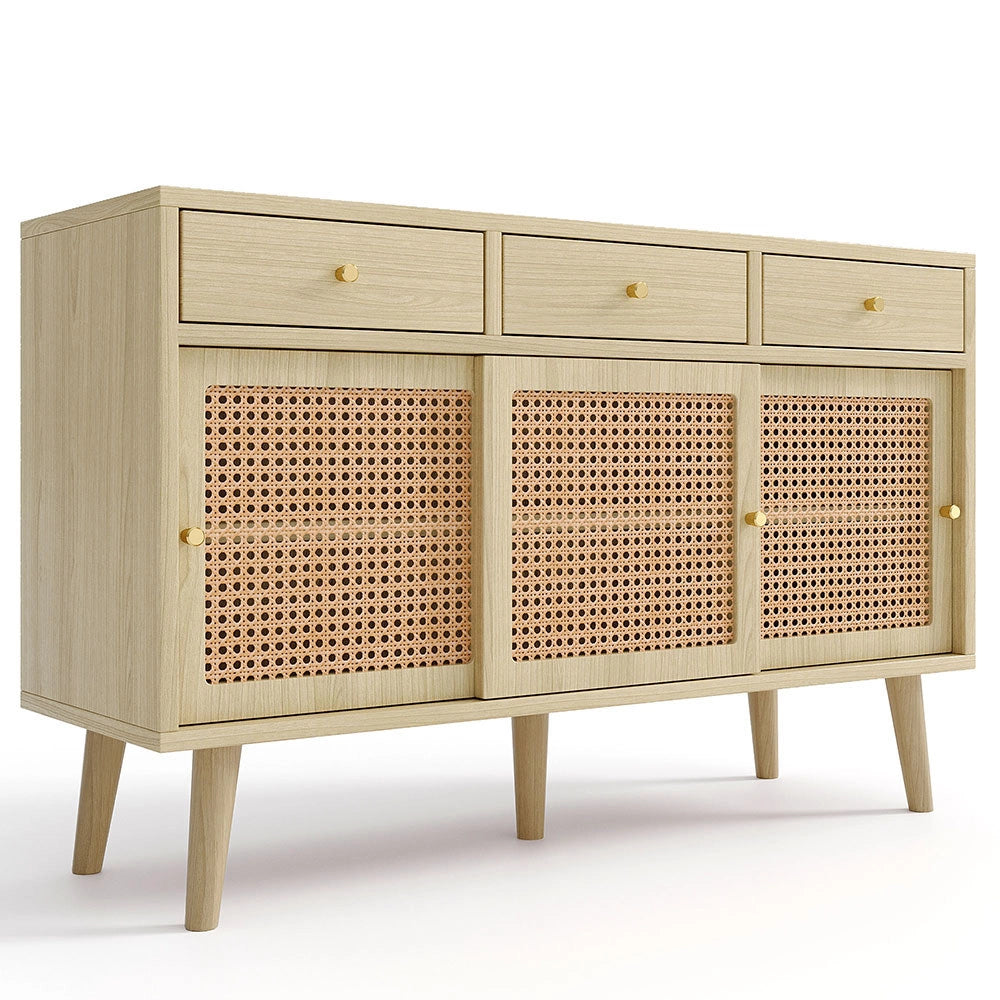 Buffet commode con cannage di rotino - Xylo - Maniglie metallo dorato ripiani regolabili