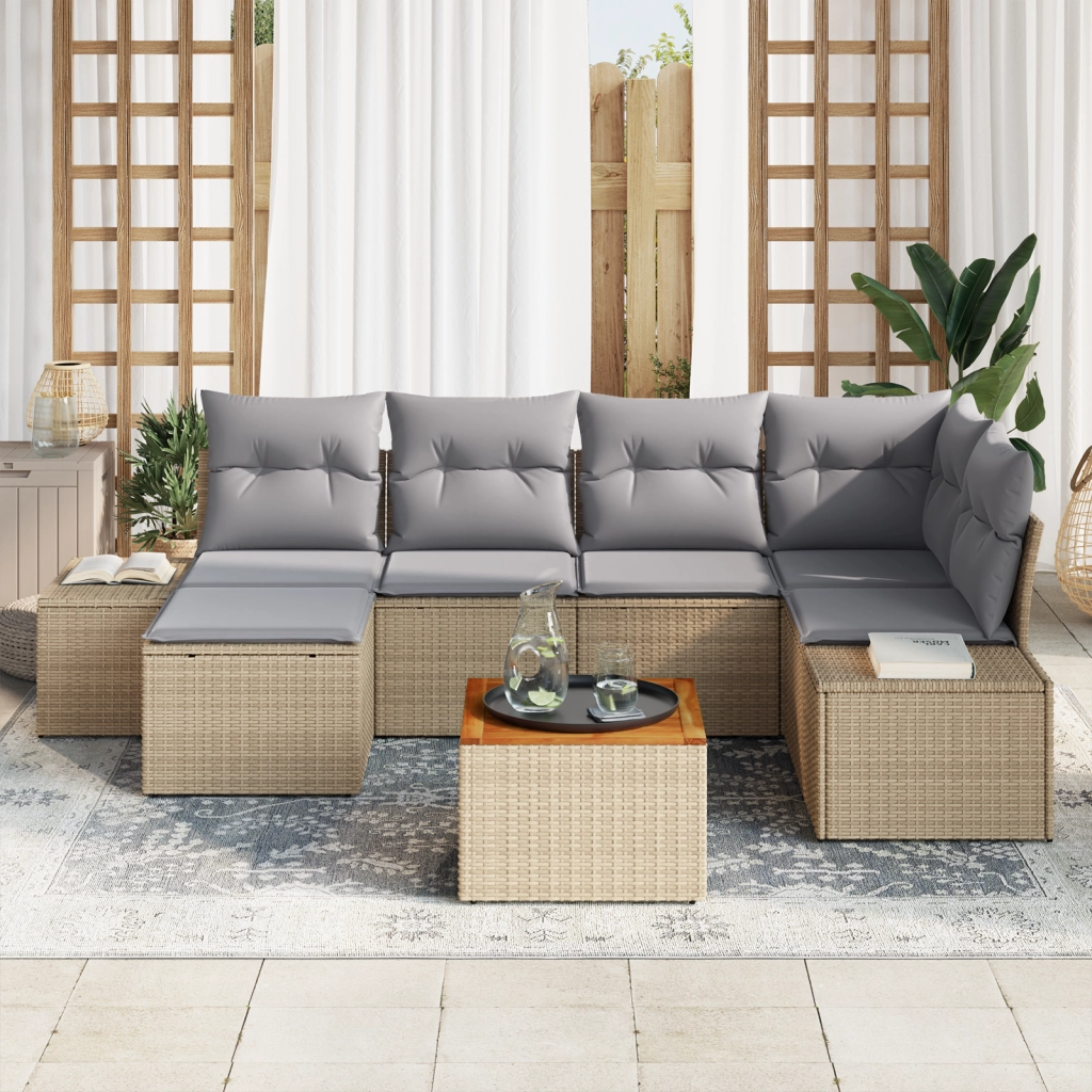 Set Divano da Giardino a 7 Pezzi con Cuscini Beige Rattan Polietilene Acacia