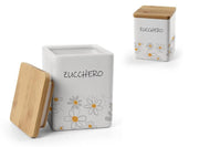 BARATTOLO QUADRATO PER ZUCCHERO IN CERAMICA CON TAPPO IN LEGNO 10X13 CM DAISY