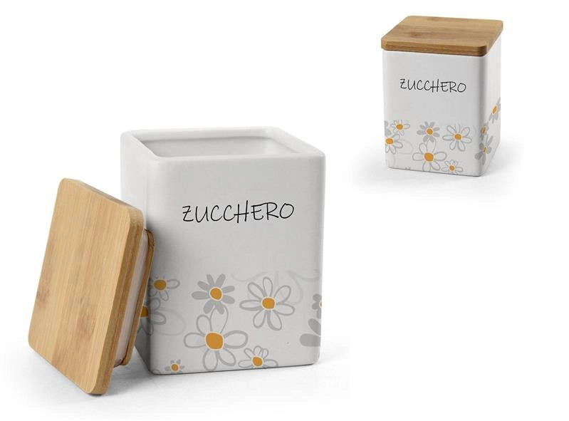 BARATTOLO QUADRATO PER ZUCCHERO IN CERAMICA CON TAPPO IN LEGNO 10X13 CM DAISY