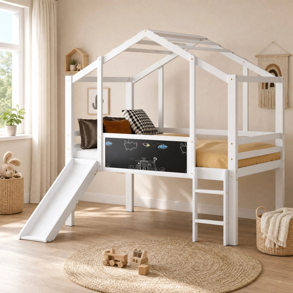 DESMIU Letto a soppalco per bambini 1 posto con scivolo, scala e lavagna, 90 × 200 cm, senza materasso