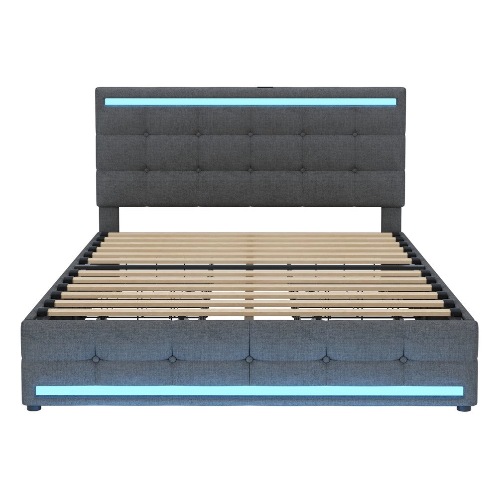 Letto Imbottito 140x200 con Contenitore ¨C Xylo ¨C Grigio, LED, Testiera, 4 Cassetti, Tessuto