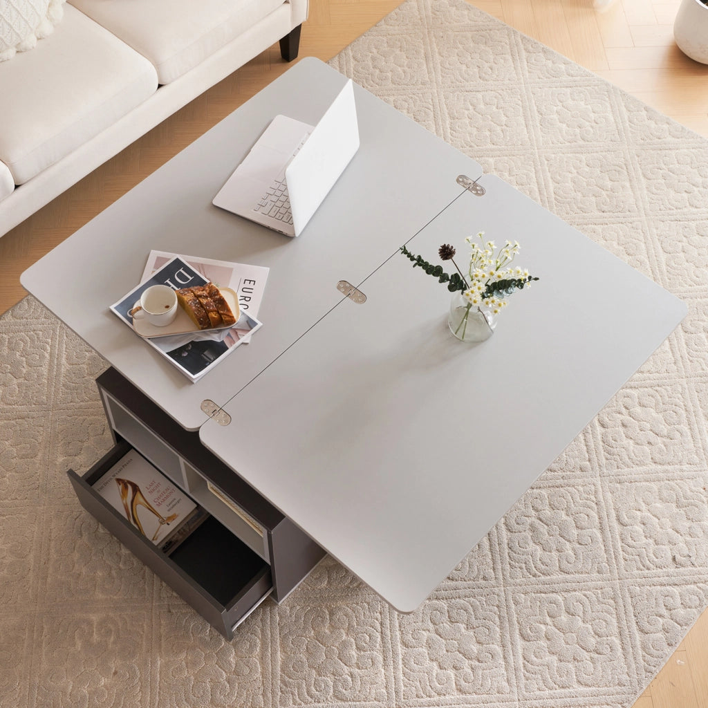 Tavolino basso sollevabile 2 in 1 con 2 cassetti e vani aperti, per soggiorno, in truciolato grigio, 100 × 51 × 47 cm