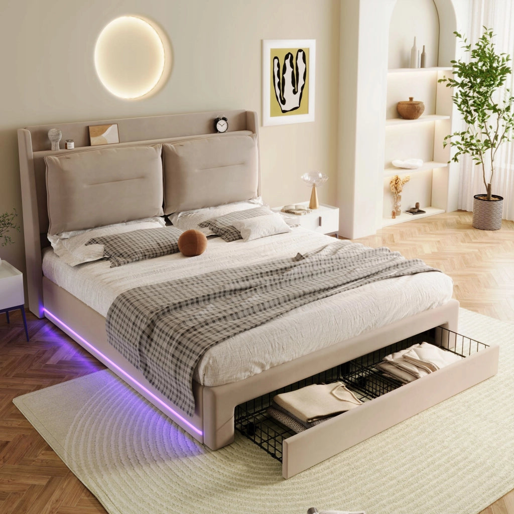 Letto imbottito con LED - Xylo - 180x200 - Beige - Velluto