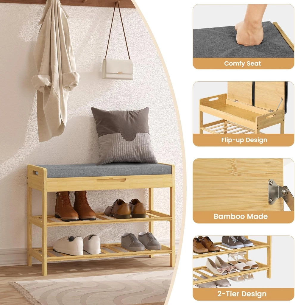 Porta Scarpe a 2 Ripiani, Panca Scarpiera con Scomparto Nascosto, Scarpiera da Ingresso con Seduta Imbottita, Panca Porta Scarpe in Bambù per Soggiorno, Corridoio 68x30x50 cm