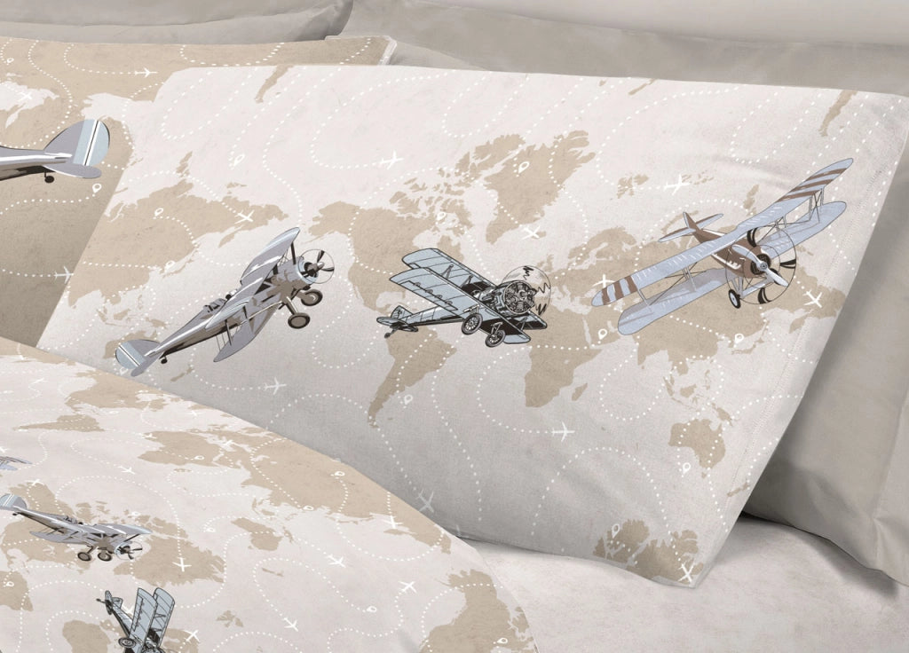 Completo Lenzuola Linea Pensieri Delicati 100% Cotone Disegno Aerei - Matrimoniale - Beige