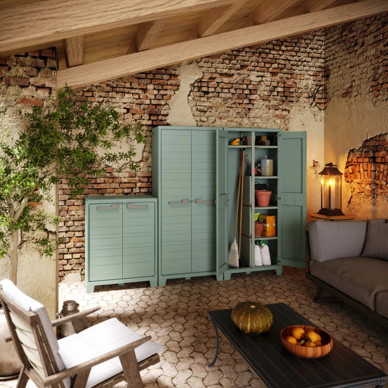 Armadio portascope da esterno in resina 80x44x182 cm - Impermeabile IPX3 Resistente UV - 8 ripiani - Grigio/Verde riciclato - Planet Outdoor Multispace - Keter