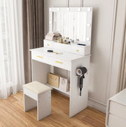 Tavolo trucco con LED; presa integrata; porta asciugacapelli e sgabello imbottito; MDF bianco