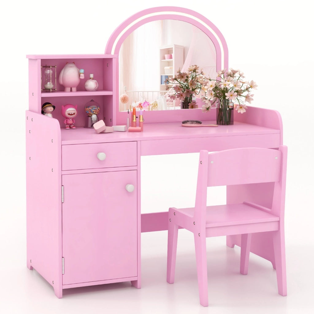 Set tavolo da trucco per bambini con sedia mensole cassetto e anta-Toeletta da trucco in legno con luci LED Rosa