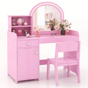 Set tavolo da trucco per bambini con sedia mensole cassetto e anta-Toeletta da trucco in legno con luci LED Rosa